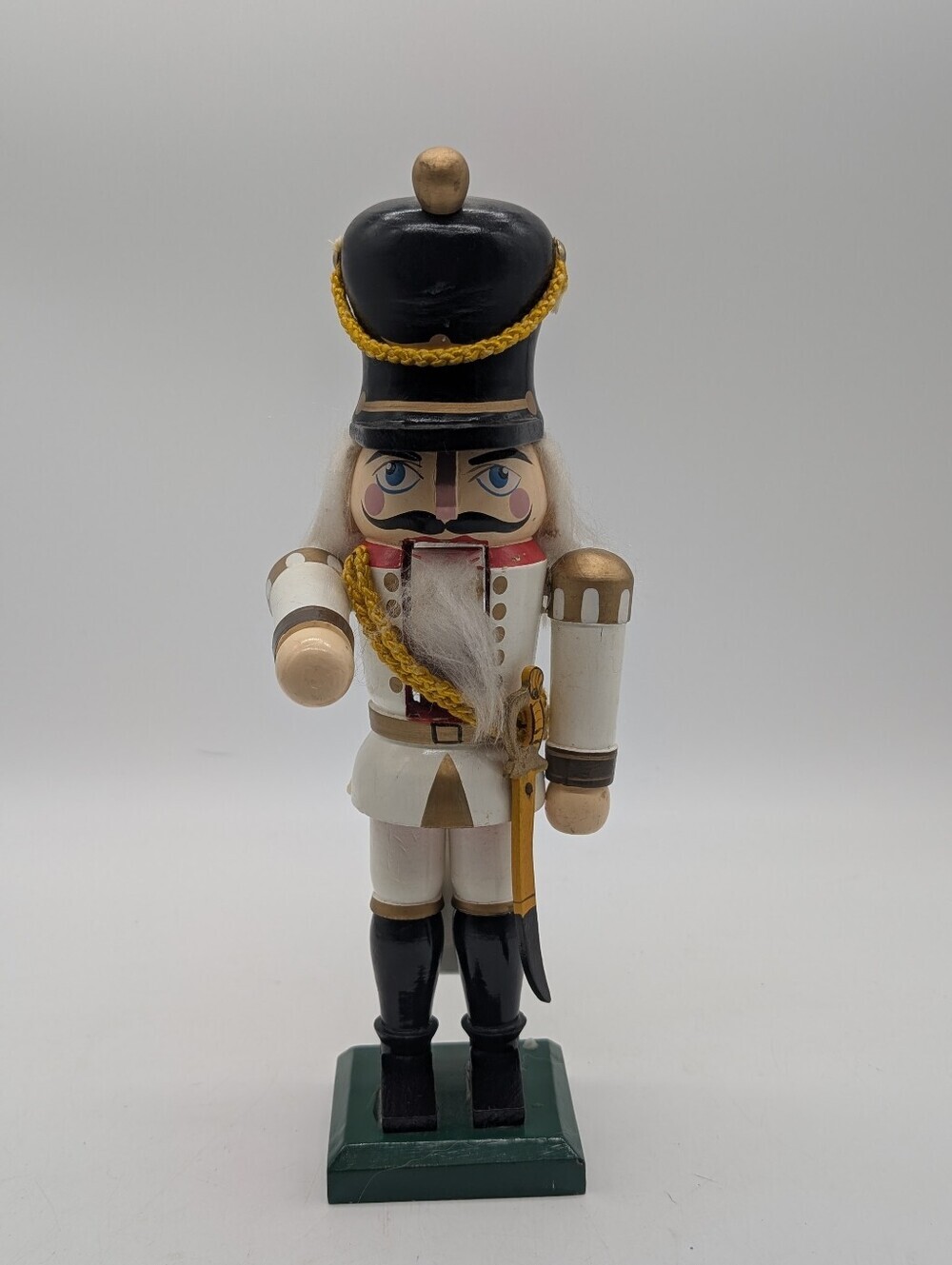Vintage Kmart Wooden Christmas Soldier Nutcracker White & Gold 11"